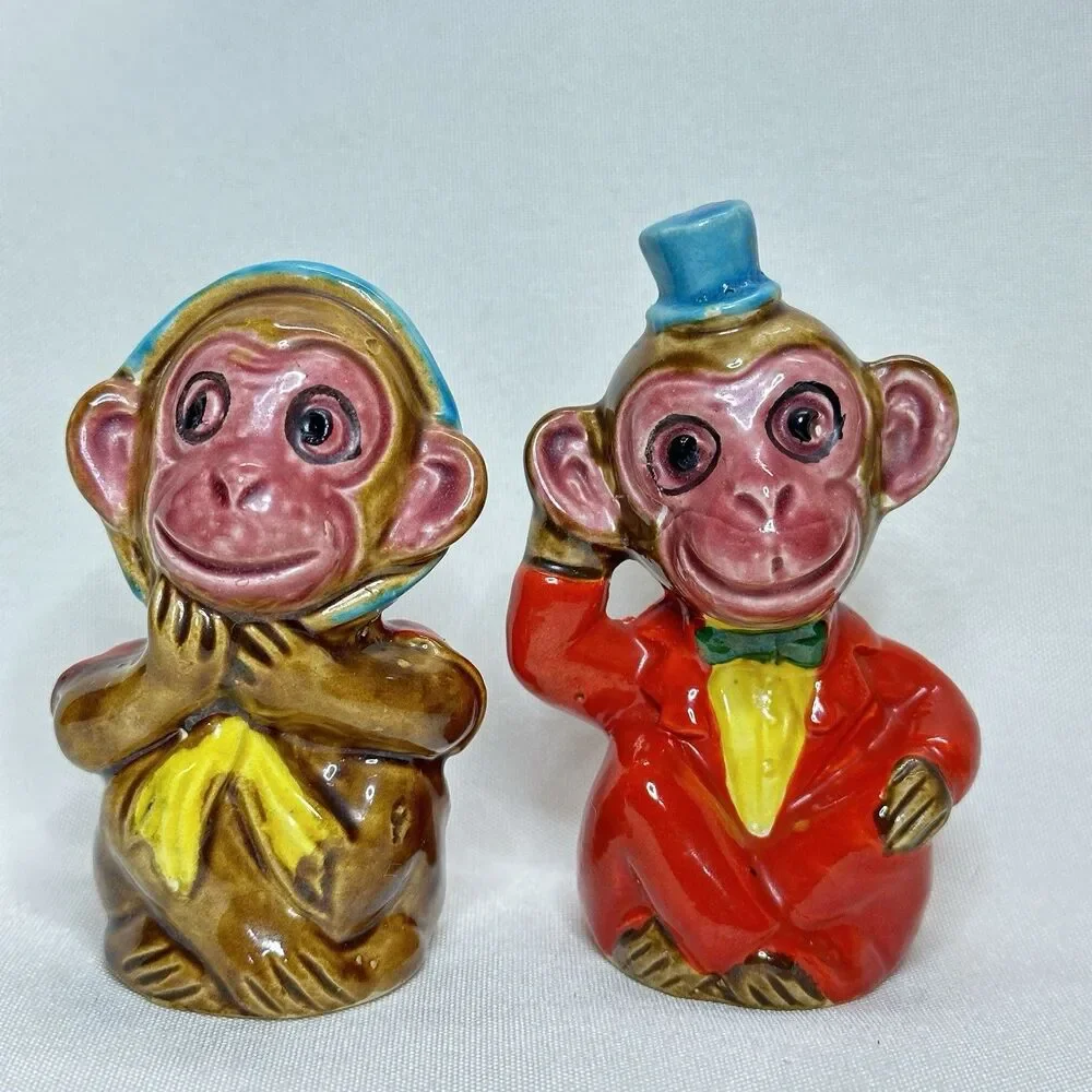 Vintage Japan Monkey Salt Pepper Shakers Ceramic Bonnet & Top Hat Pair Corks